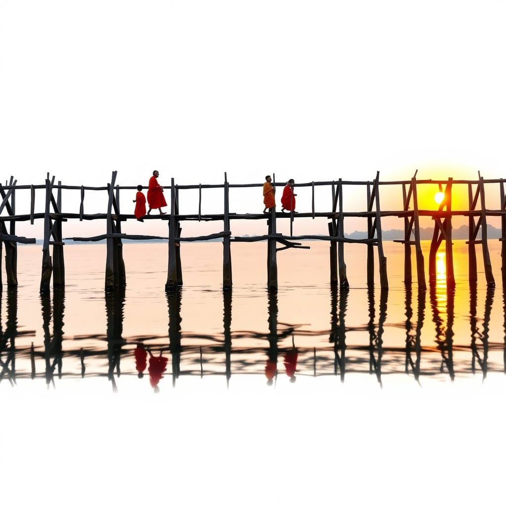 U Bein Bridge Sunset in Expressive Watercolor