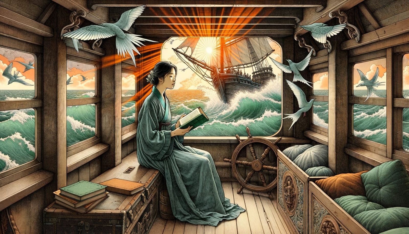 Korean Woman Reading on Dhow, Rackham-style Illustration