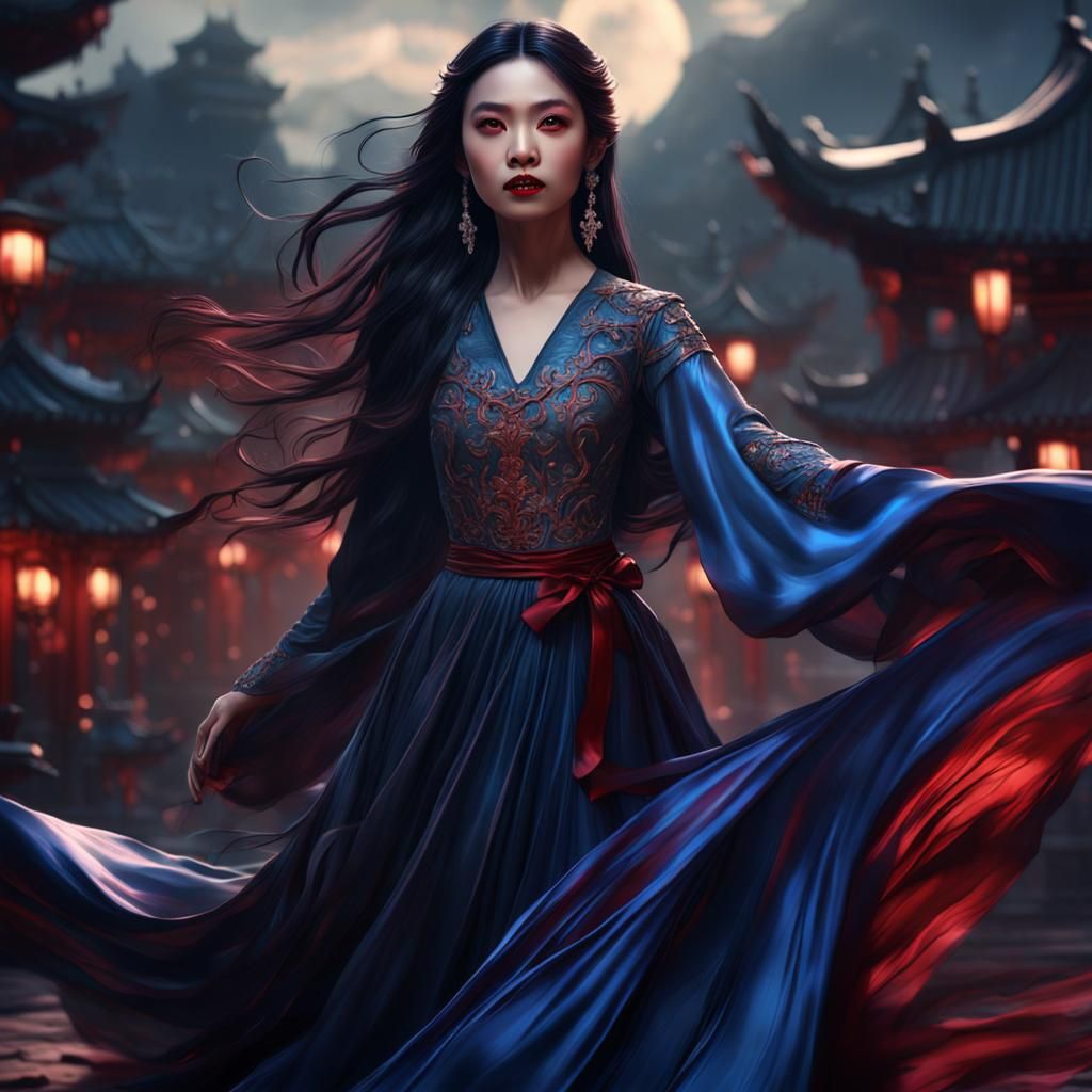 Enticing Asian Vampire Princess in Flowing Gown