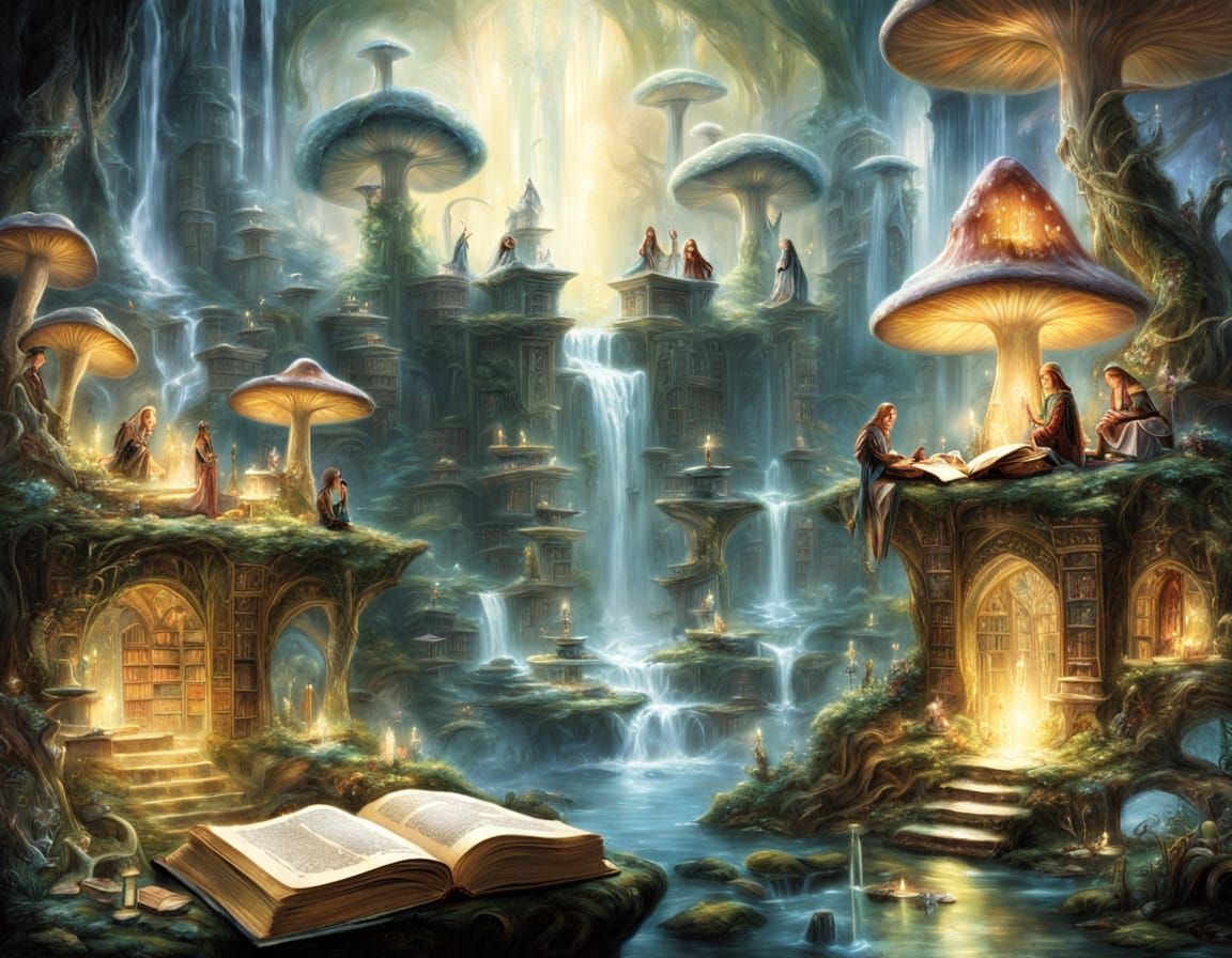 Elven Mushroom Library with Crystals and Waterfalls