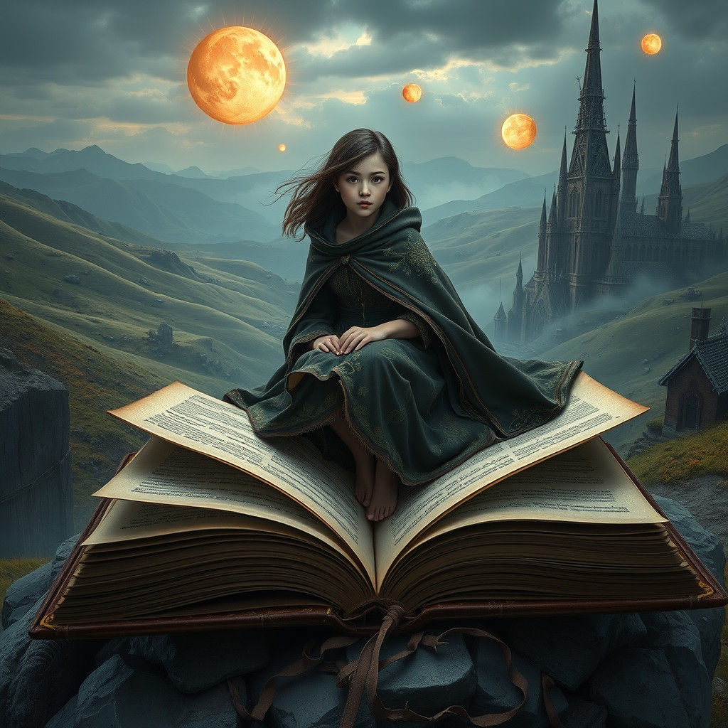 Woman Rides Book in Surreal Landscape, Matte Painting