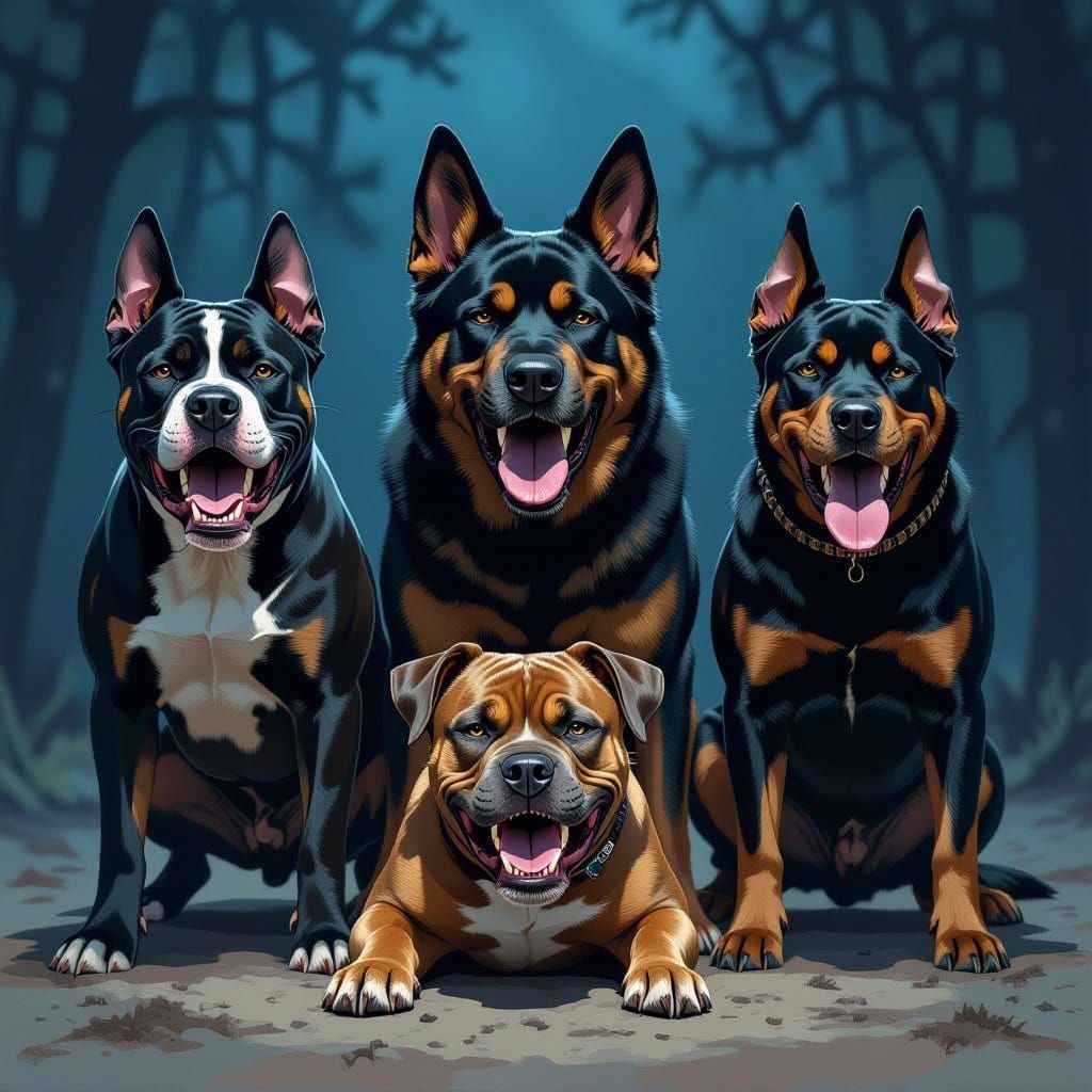 Fierce Guard Dogs Growling in Dramatic Night Lighting