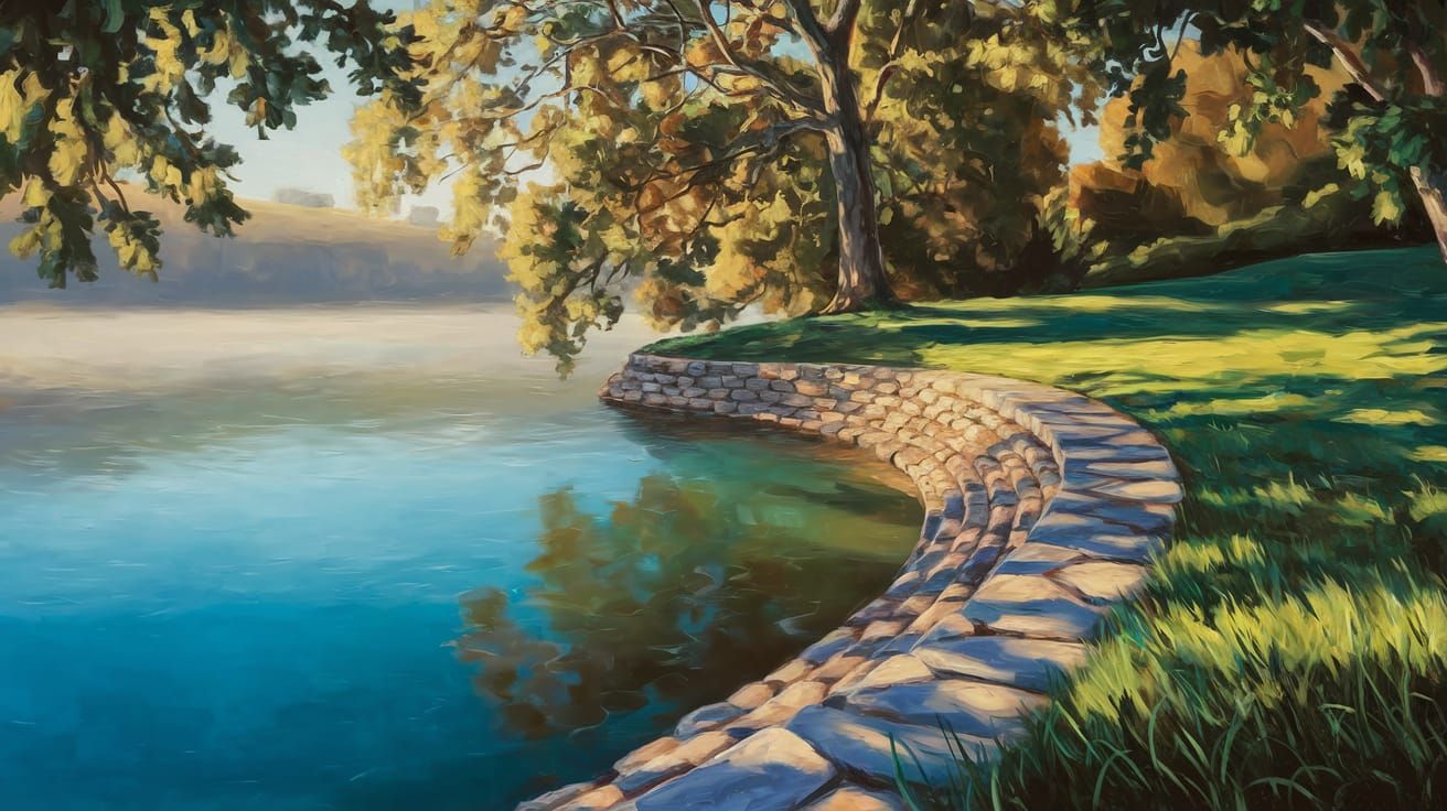 Tranquil Lakeside Scene in Oil Painting Style