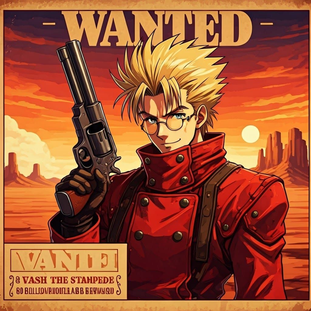 Retro Anime Wanted Poster of Vash the Stampede