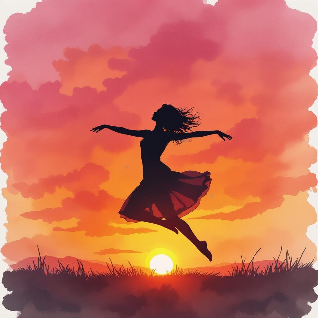 Joyful Dancer Silhouette Against Sunset Sky