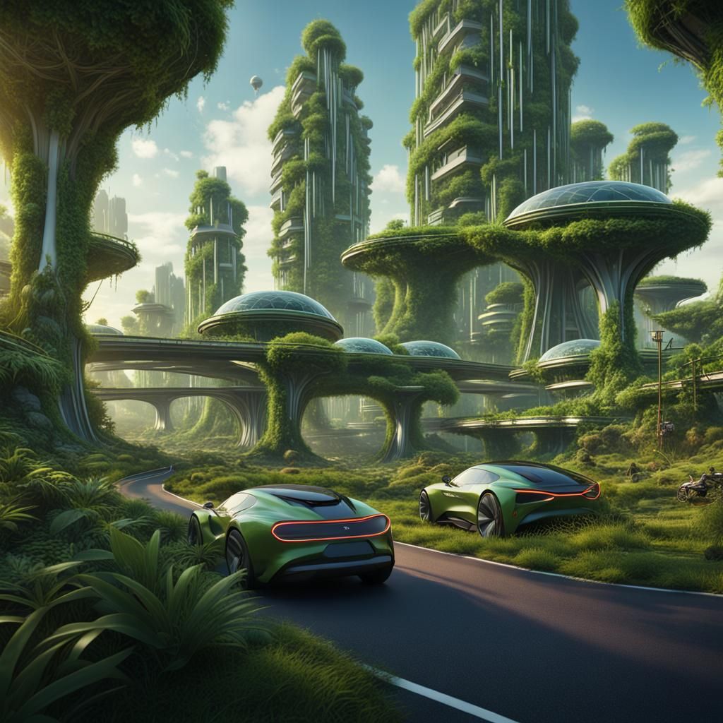 Sustainable Green Future City with Vegetation and EVs