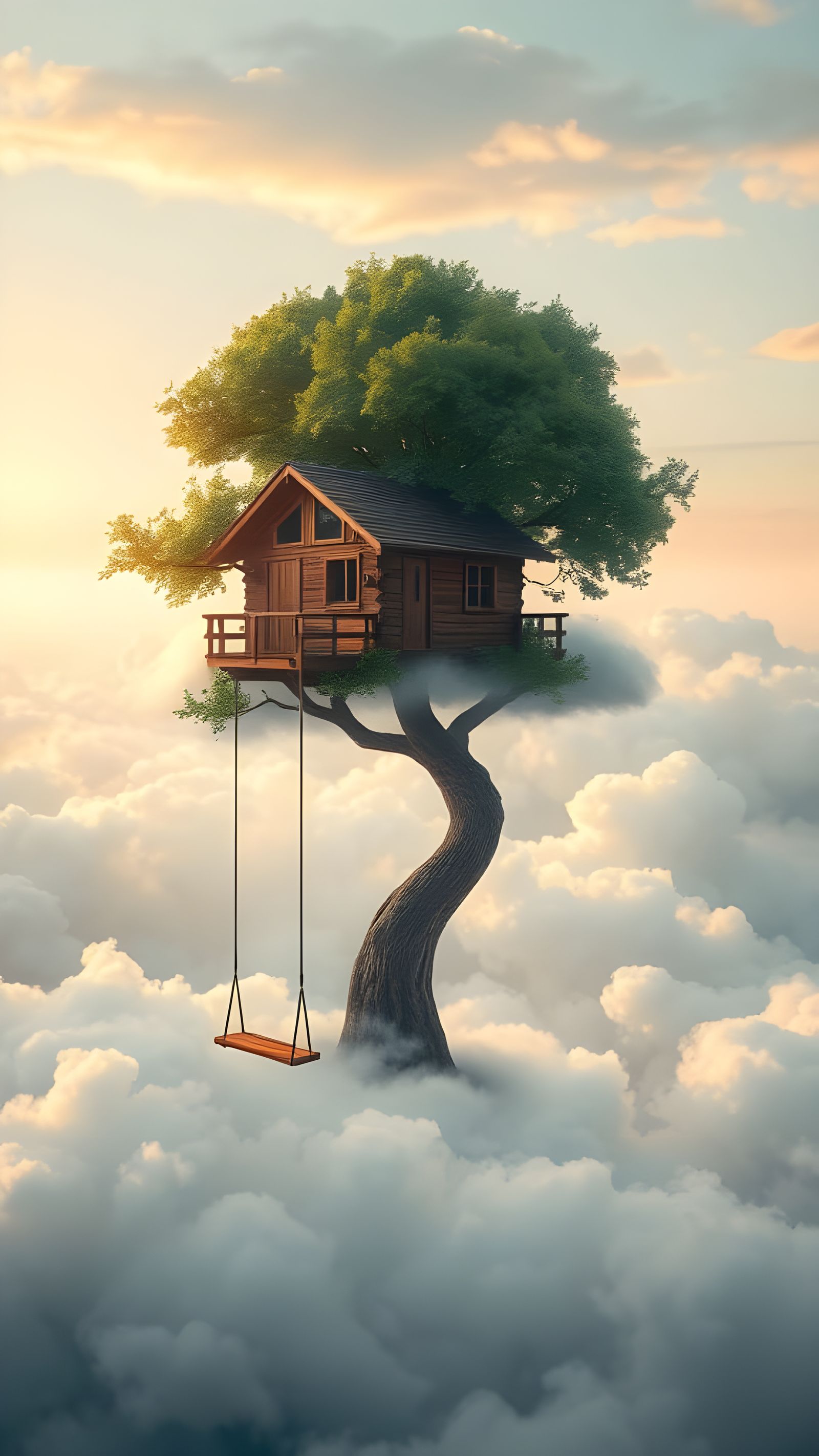 Whimsical Treehouse Amidst Cloudy Dreamscapes