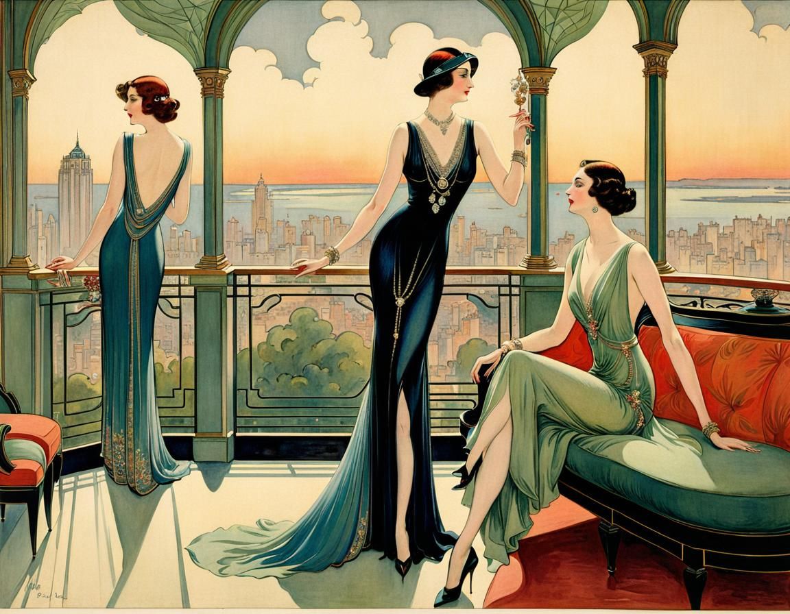 Art Deco Women in City Apartment Illustration