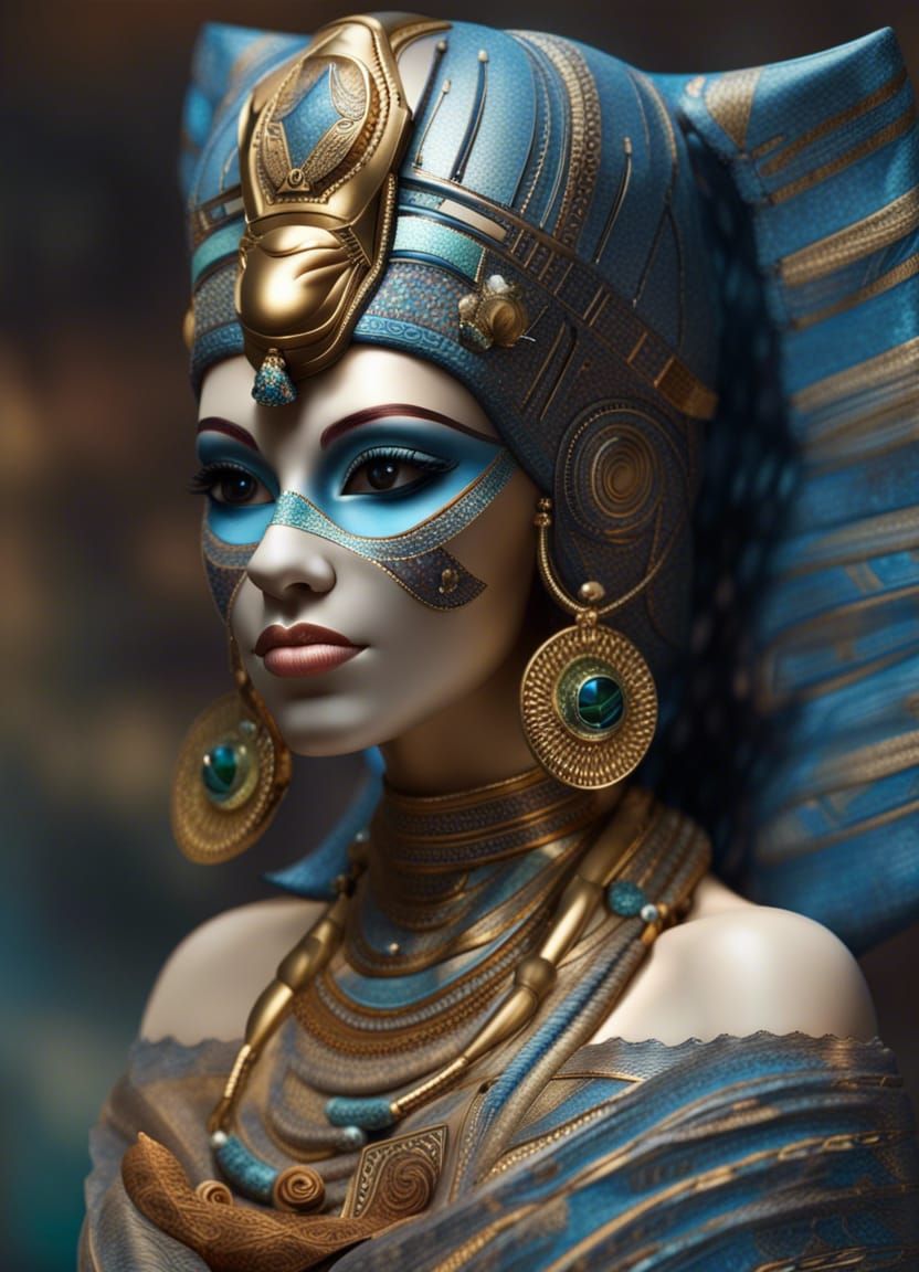 Egyptian Goddess with Glass Mask in Desert