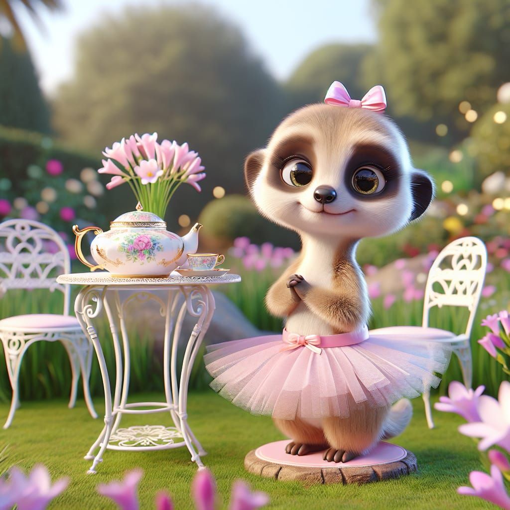 Disney Pixar style 3D adorable meerkat, wearing a tutu, bow on her head, freesia flowers in a pretty garden, a small whi...