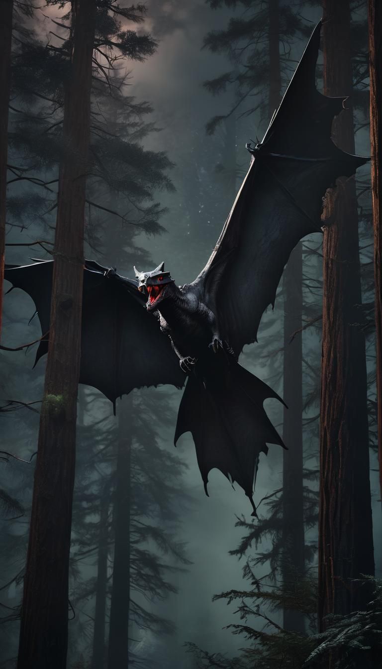 Bat-Winged Dinosaur Soaring Over Redwood Forest