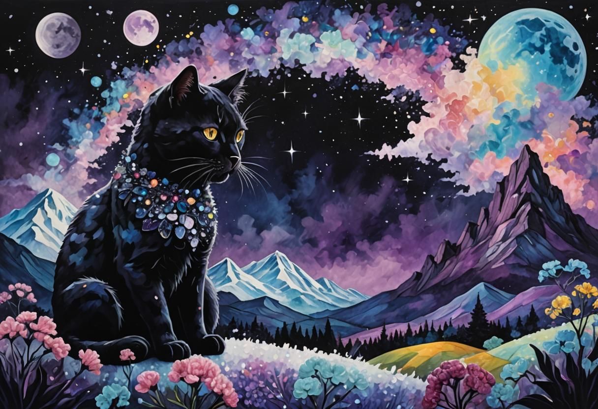 Whimsical Black Crystal Cat in Dreamlike Landscape