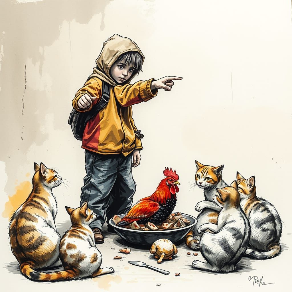 Banksy-Style Sketch of Child Pointing at Family