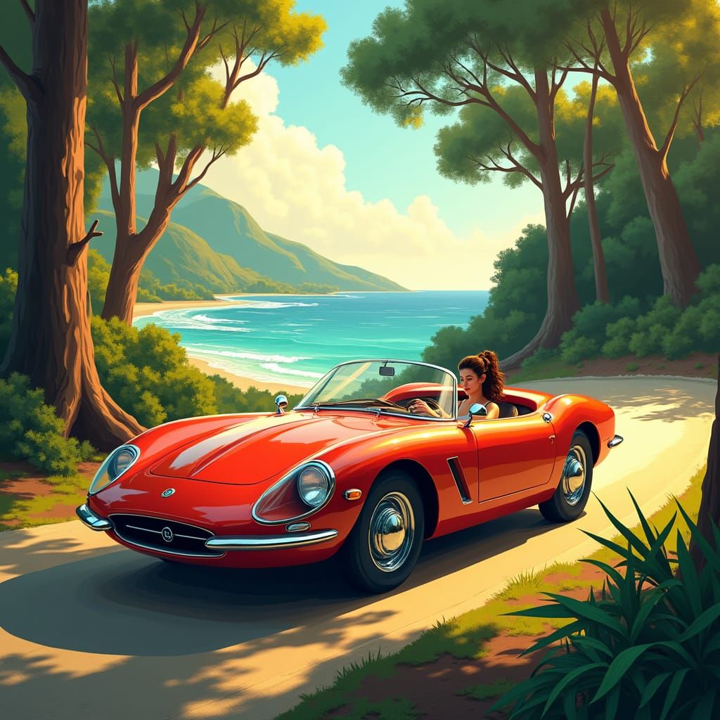 Retro-Futuristic Car Drives Through Dreamlike Forest
