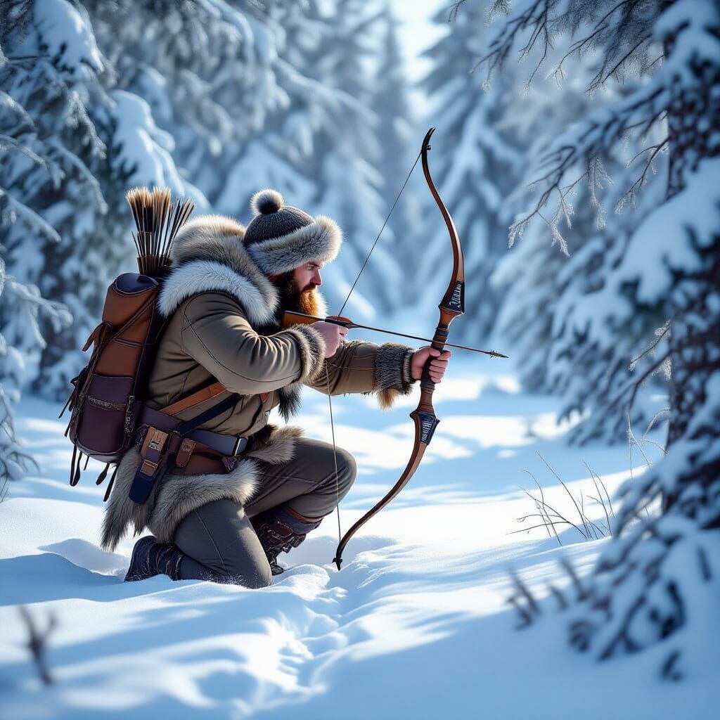 Photorealistic Hunter Tracking Deer in Snowy Forest