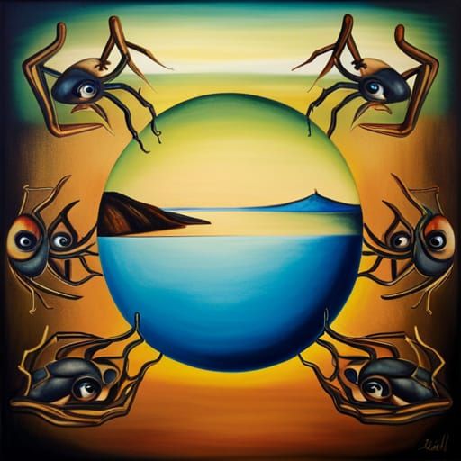 Surreal Spider-Eye View, Dali-esque Oil Painting