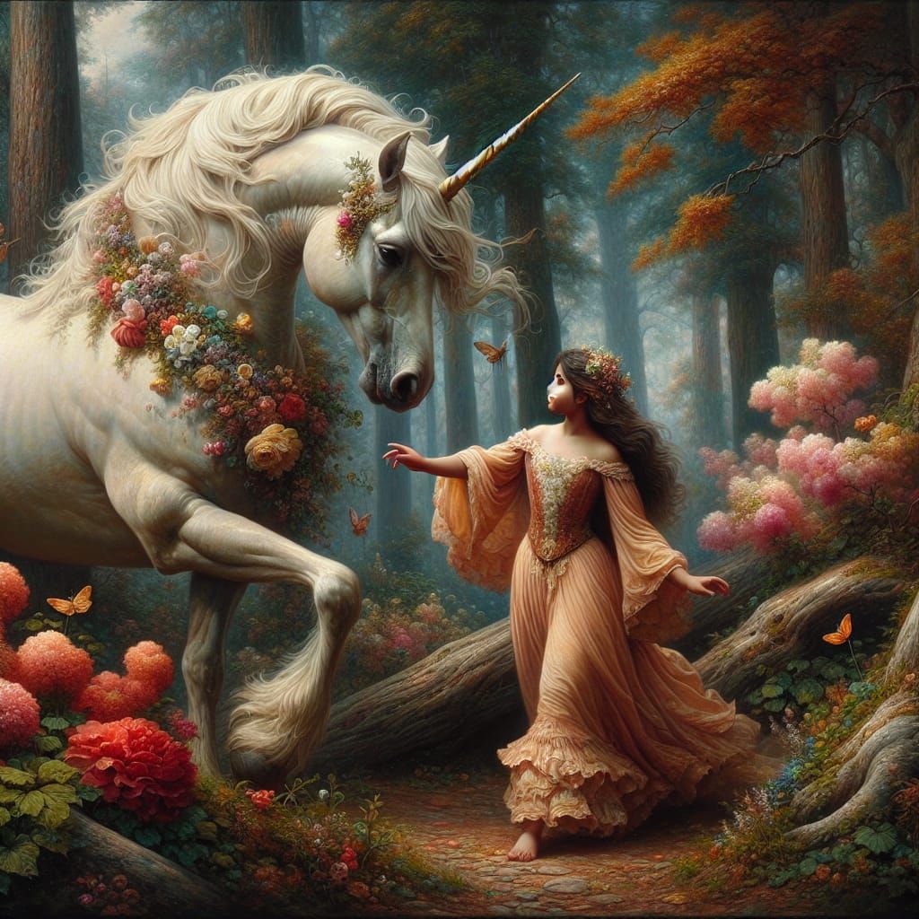 Girl Meets Unicorn in Romantic Forest Scene