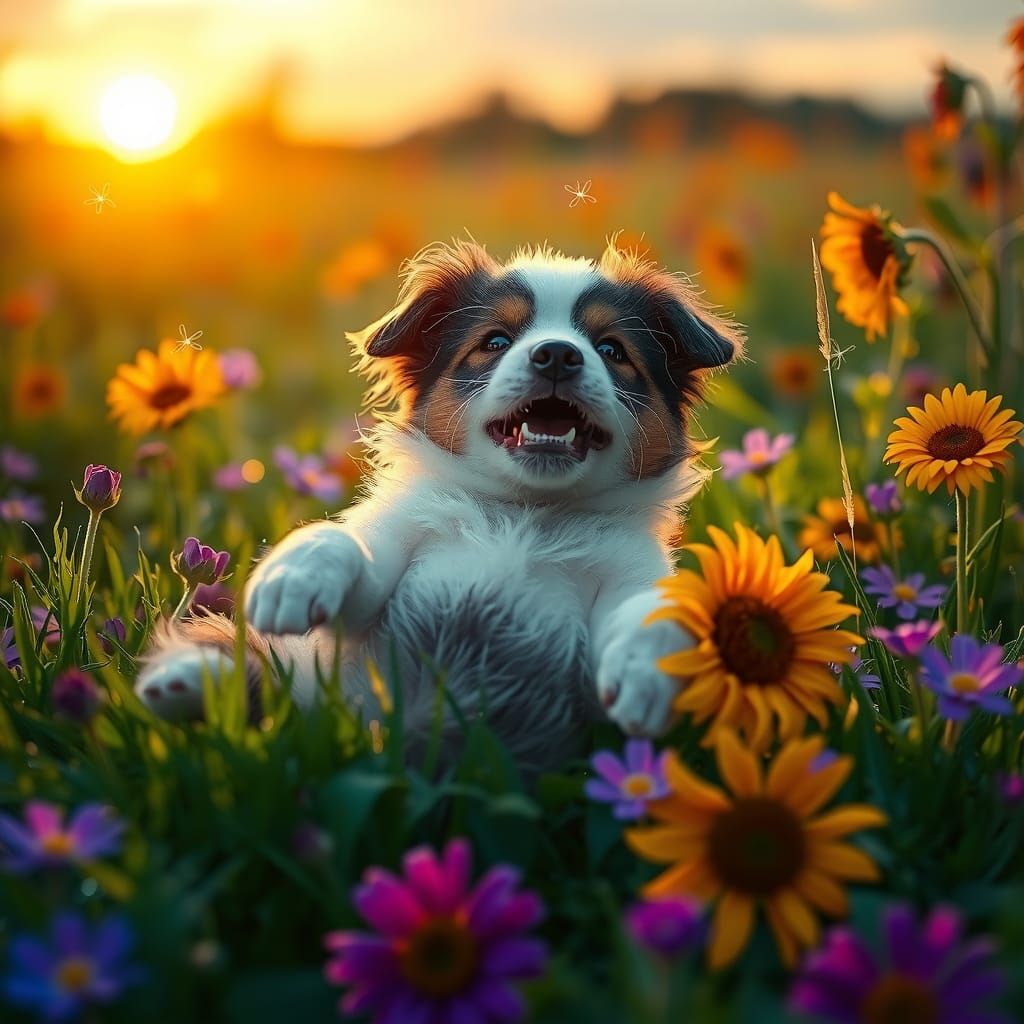Puppy's Sunset Frolic in a Flower Meadow
