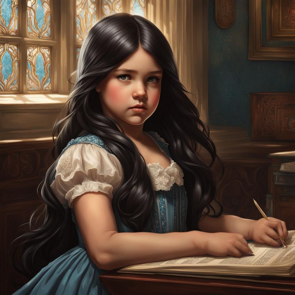 Elementary school girl with long black hair :: fat obese chubby tubby pudgy ::  dress :: shoulder up portrait :: highly ...