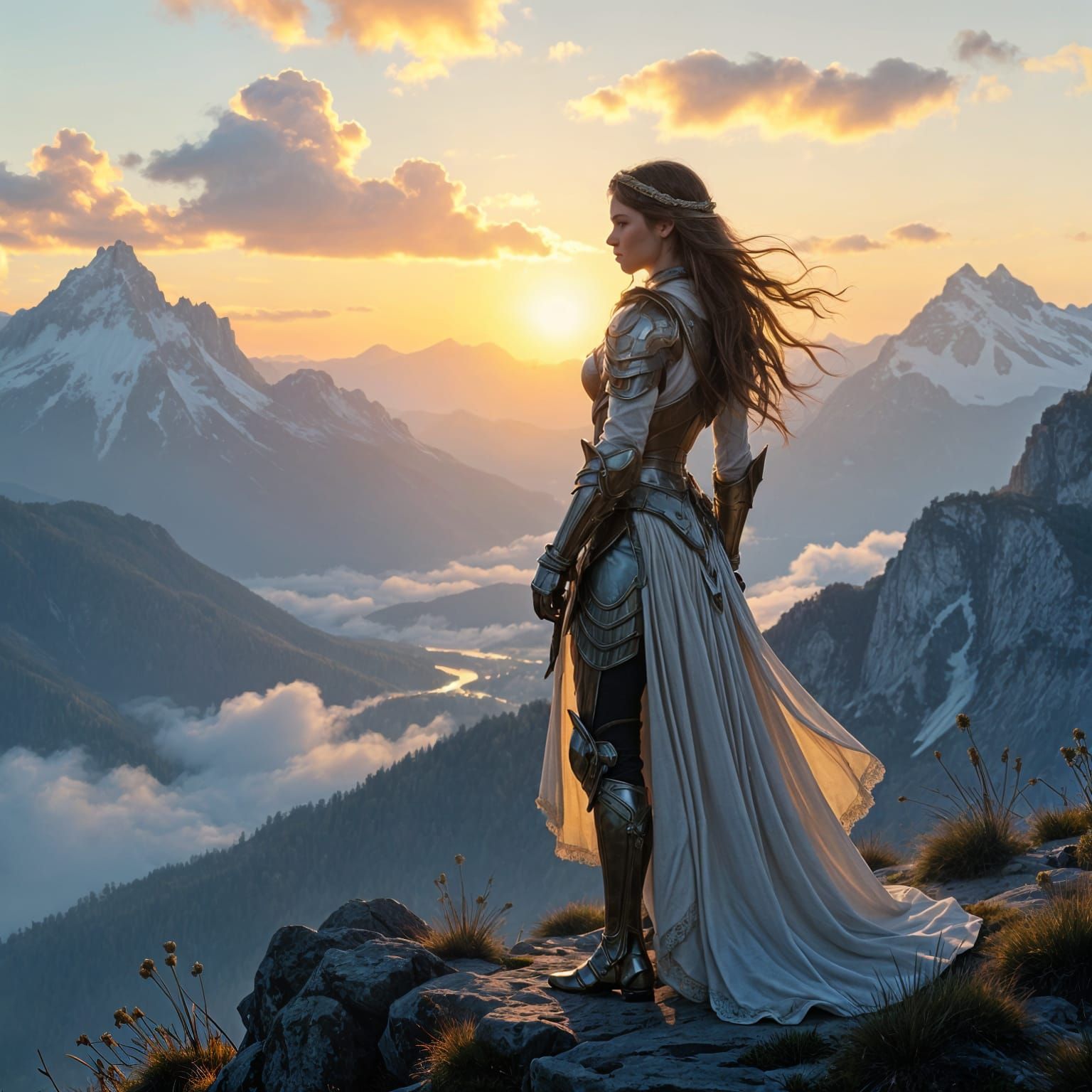 Regal Valkyrie Overlooks Sunlit Valley as Oil Painting