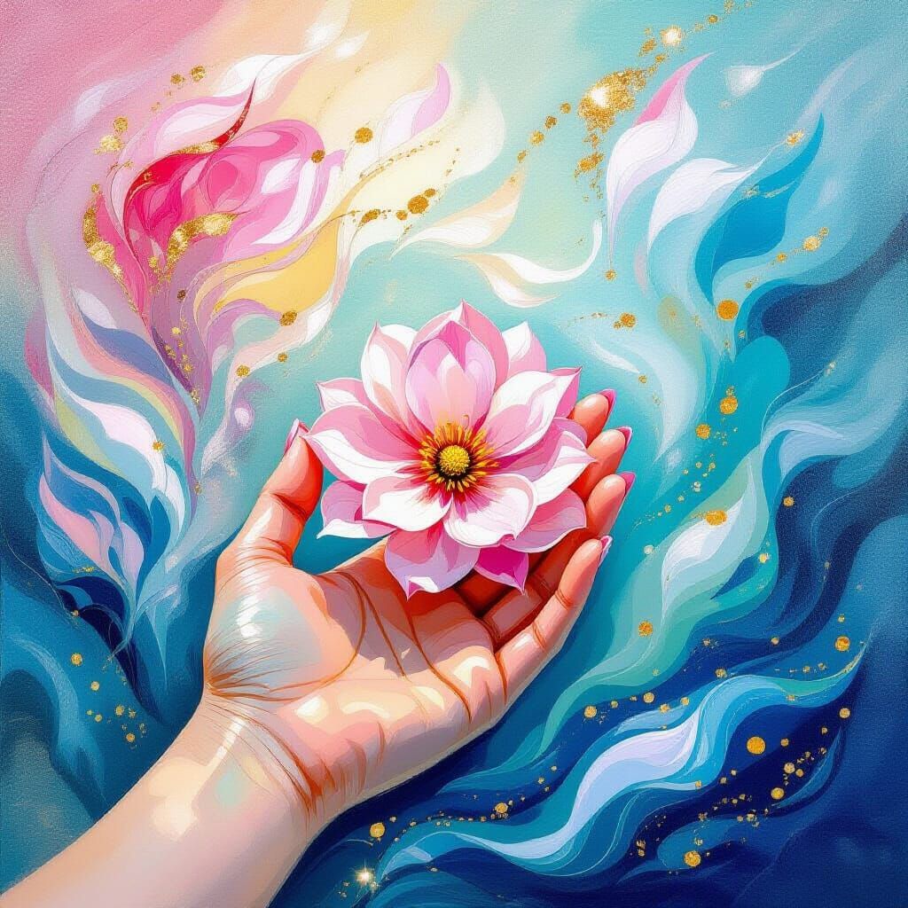 Flower on Palm in Metamodern Impressionist Style