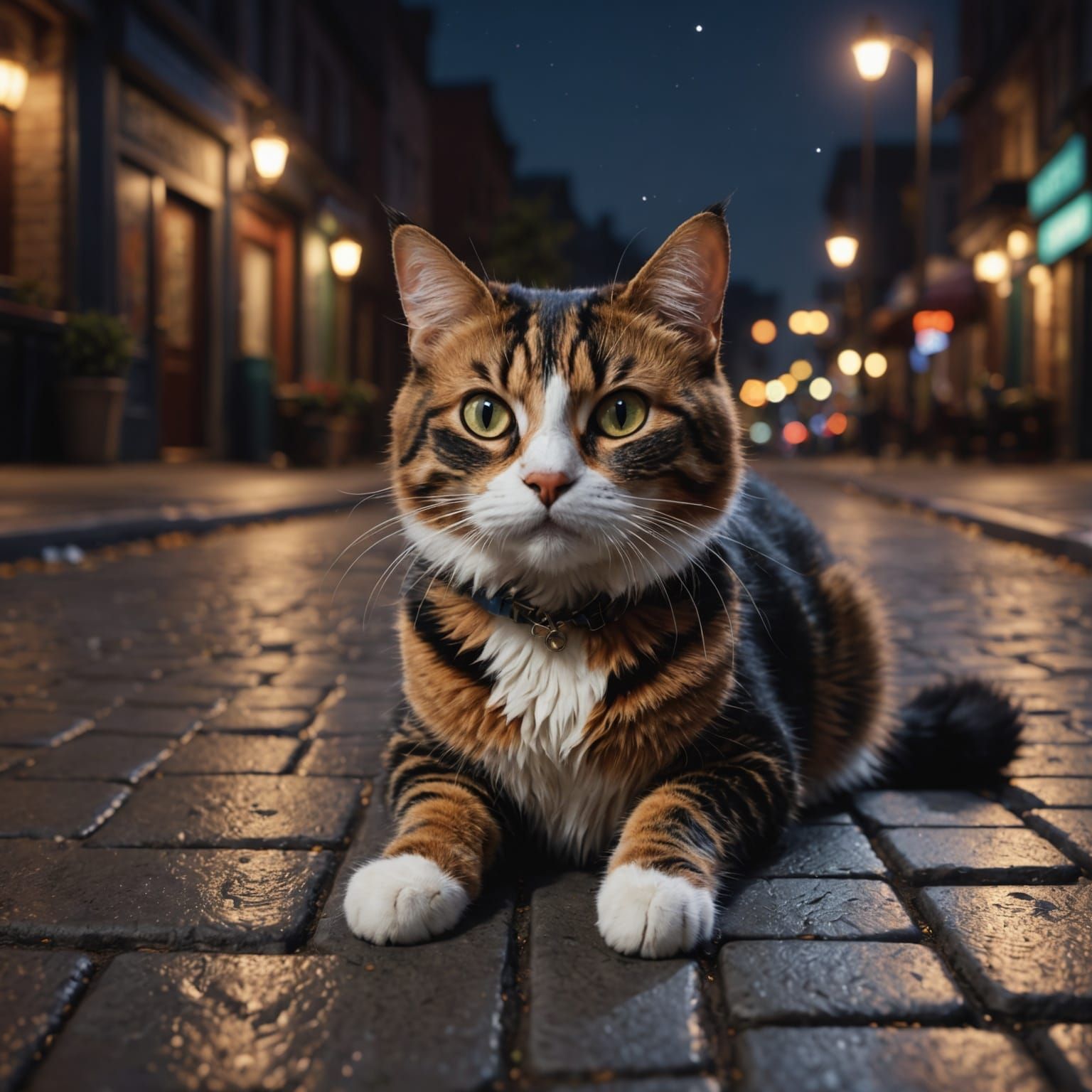 Calico Cat Meowing on Sidewalk at Night