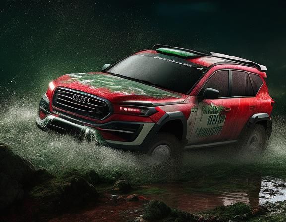 Red and green all-terrain vehicle car  in the jump across the ditch with water, rally, night. moon dynamics.HDR photo of...