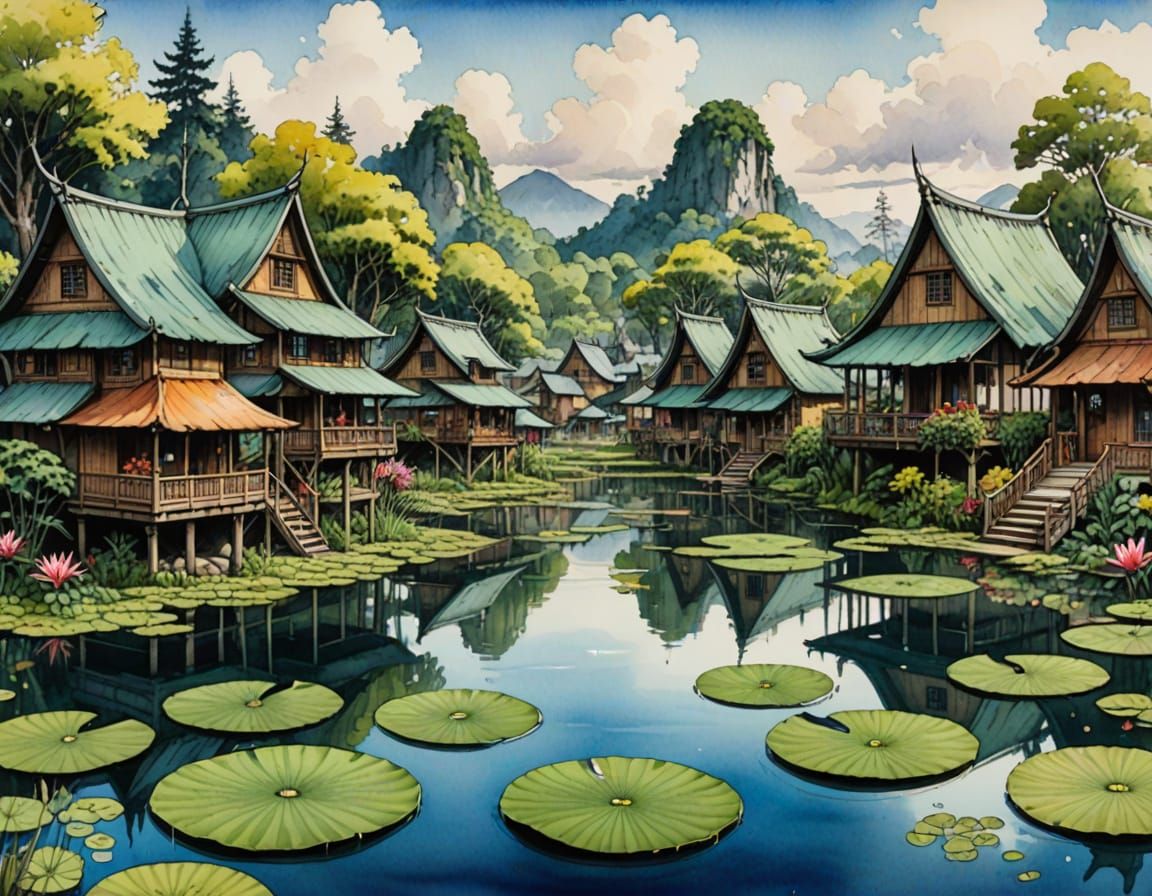 Fishing Village on Lily Pads, Anime Ink and Watercolor