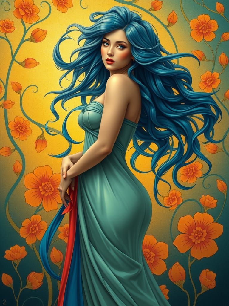 Goddess with Blue Hair in Art Nouveau Style