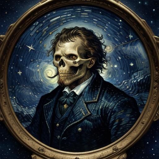 Skull with Starry Night in Gothic Horror Style
