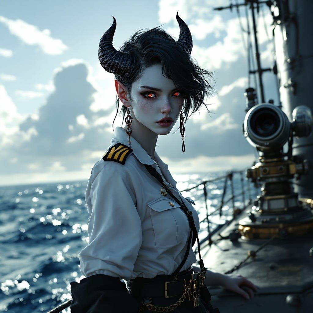 Tiefling Girl on Submarine in Cinematic CGI Style