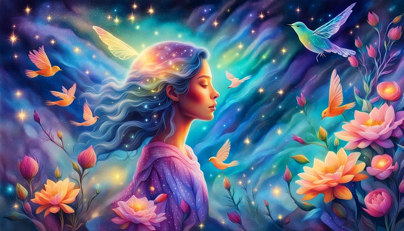 Astral Fairy in Cosmic Dreamscape, Mixed Media Illustration