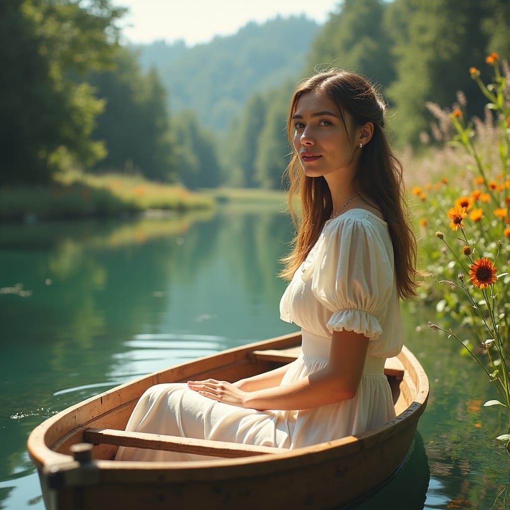 Woman in Boat on River, Impressionist Style