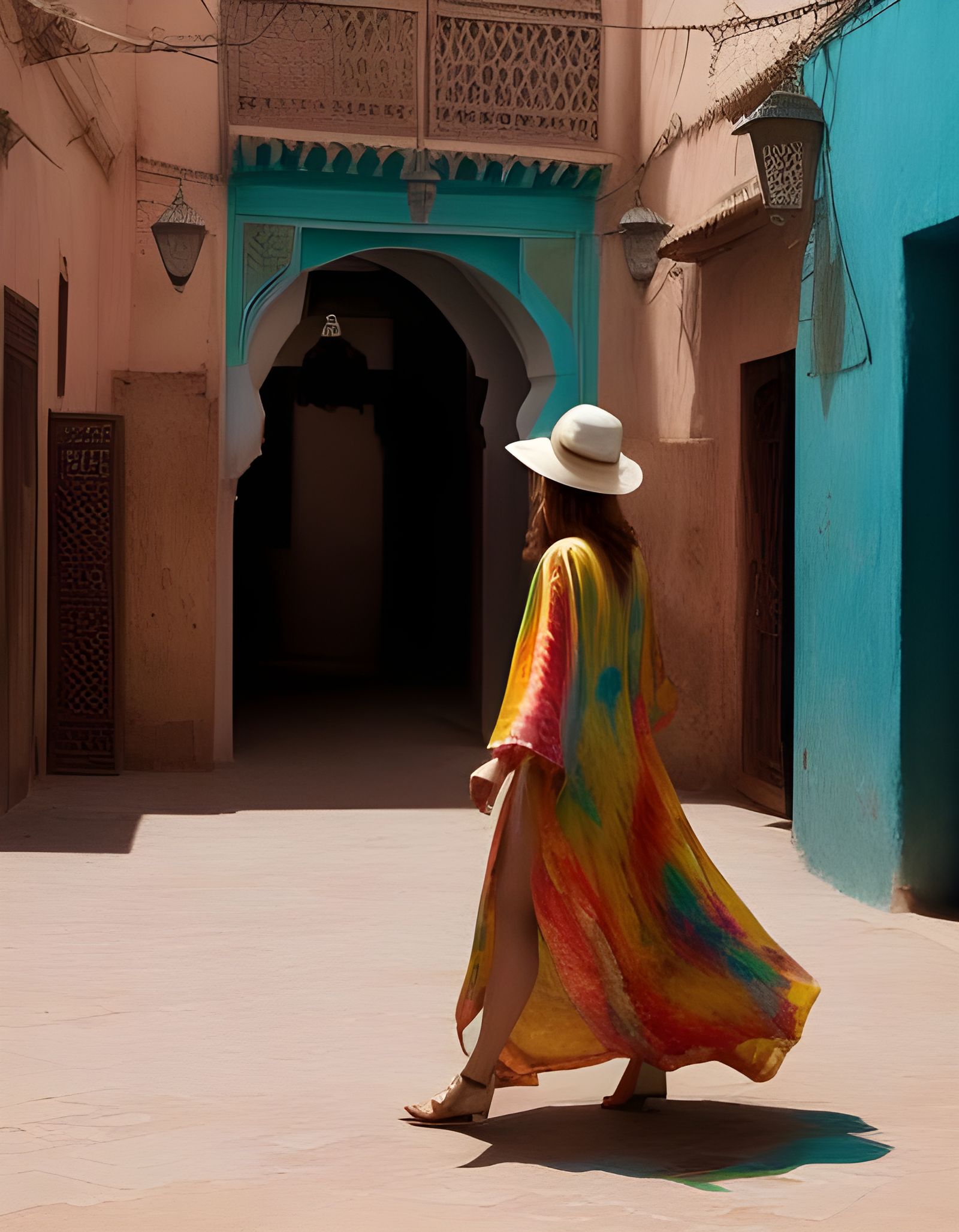 Shadowy Woman in Caftan, Moroccan Street Scene
