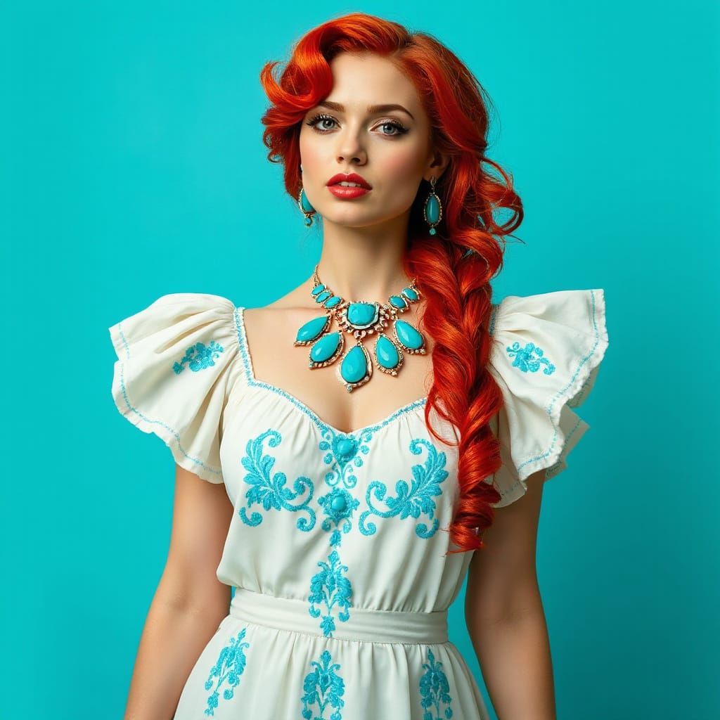 Redhead in Turquoise: Art Nouveau and Pop Art Fusion