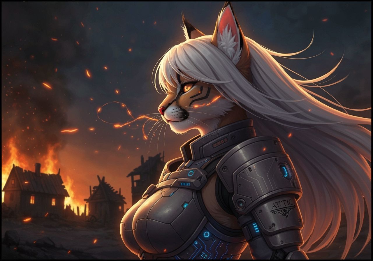 Melancholy Caracal Samurai in Burning Village