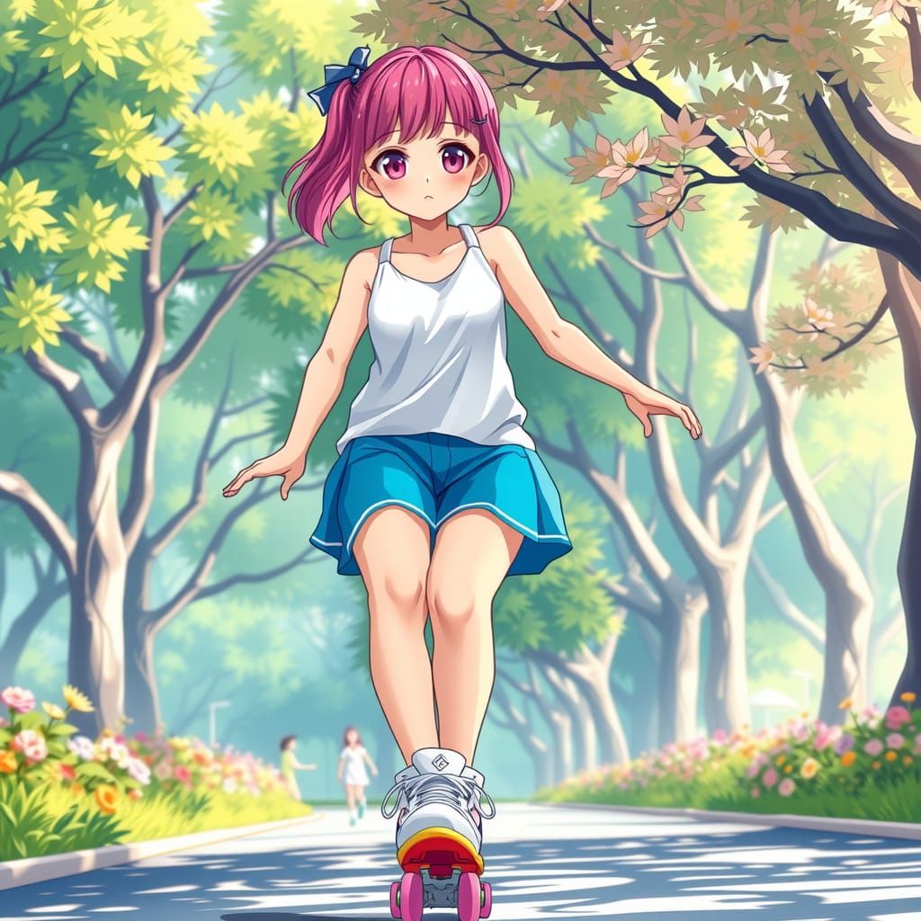 Pink-Haired Teen Roller Skating in Anime Style