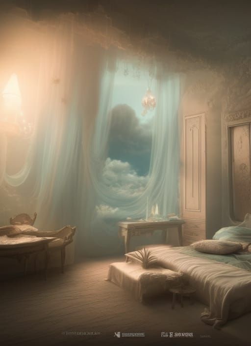 Ethereal Bedroom with Clouds, Dreamlike Matte Painting