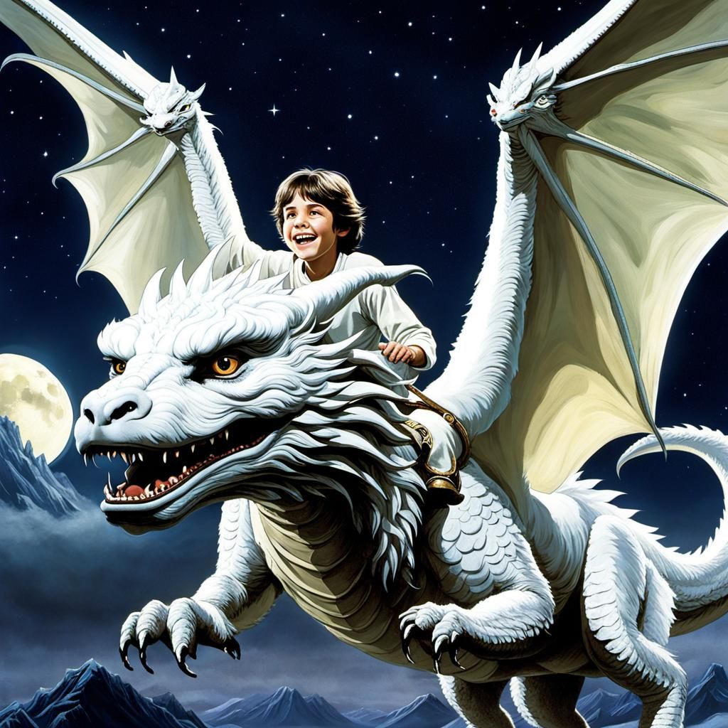 Bastian and Falkor Soar Under the Moon