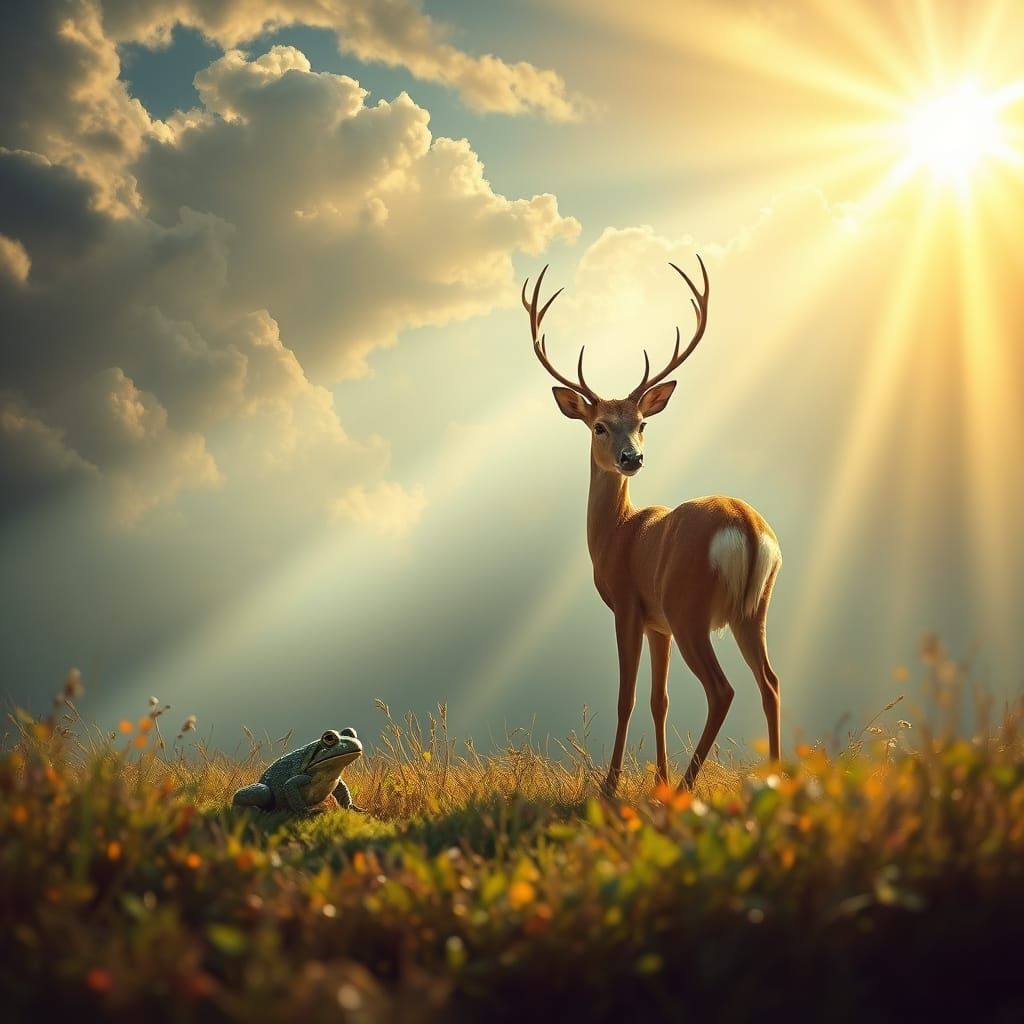 Dreamy Deer and Frog in Heavenly Sunshine