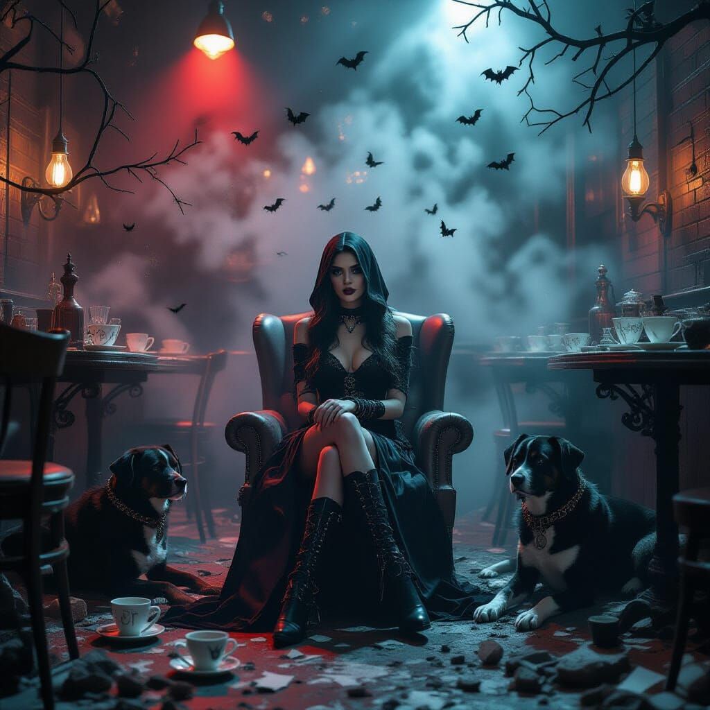 Goth Model in Ruined Cafe with Dogs