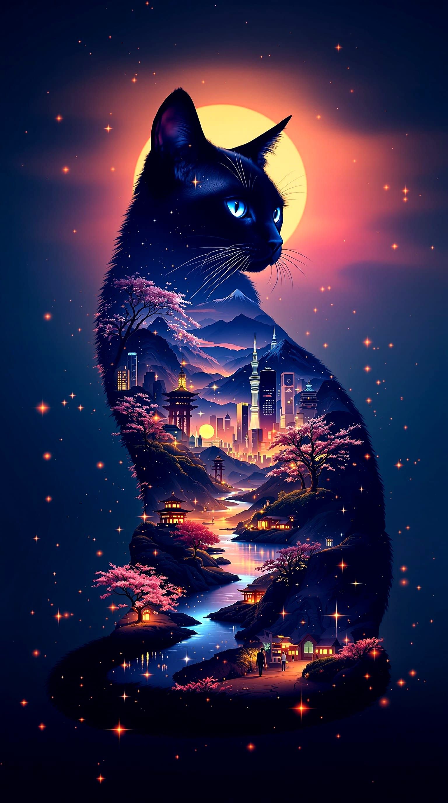 Surreal Siamese Cat Silhouette with Futuristic Cityscape