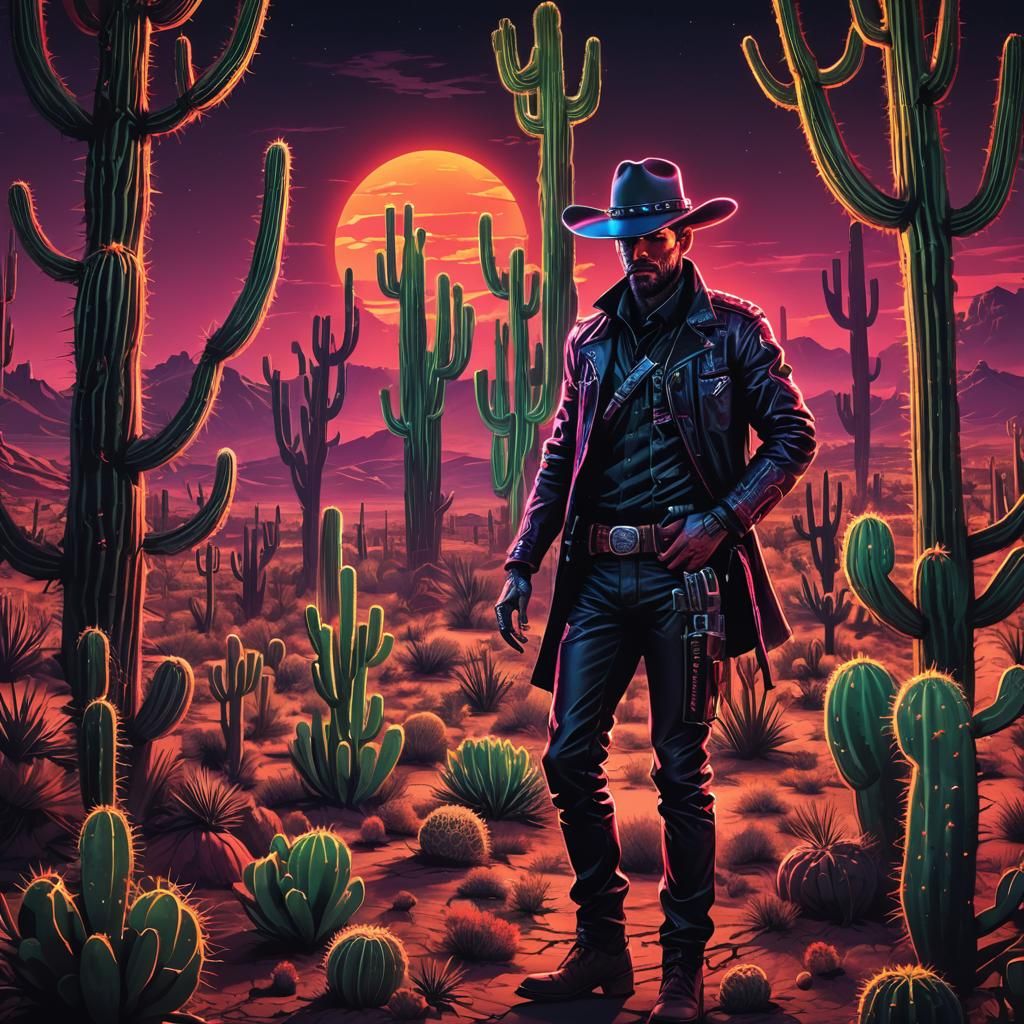 Cyberpunk Cowboy in a Neon Desert Night
