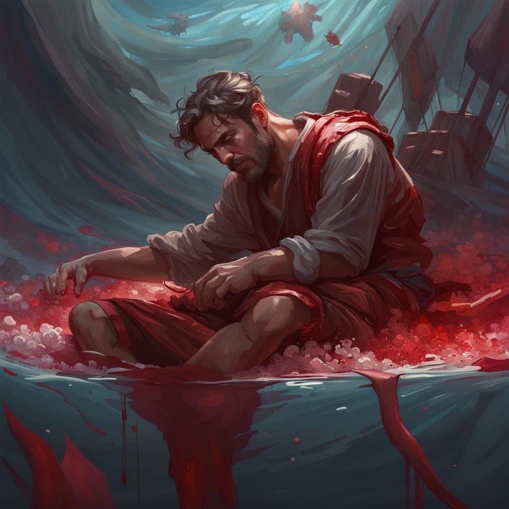 Man on Raft in Ocean of Blood: Hyperdetailed Art