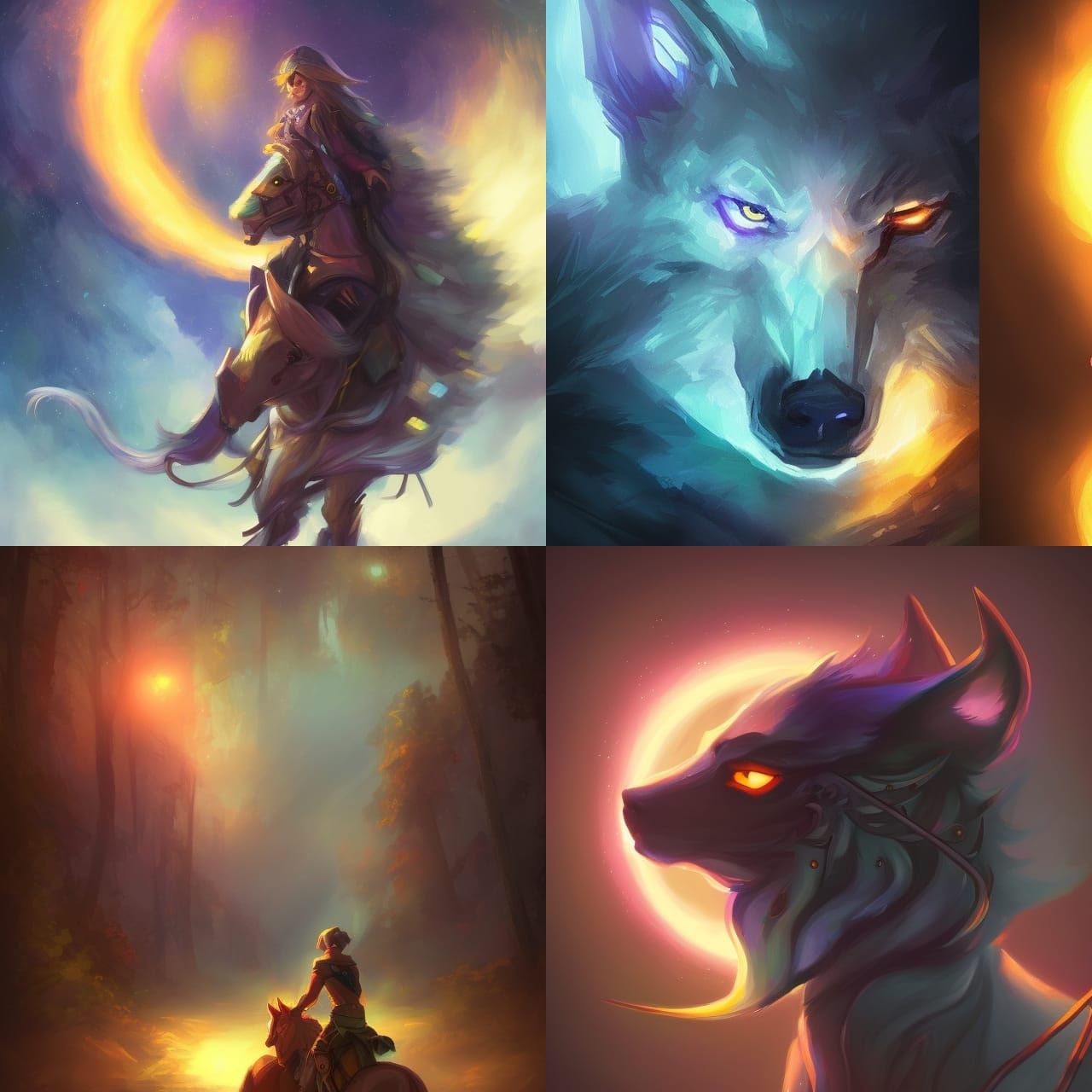 Wolf Rider Portrait with Twinkle Lights in Watercolor Style