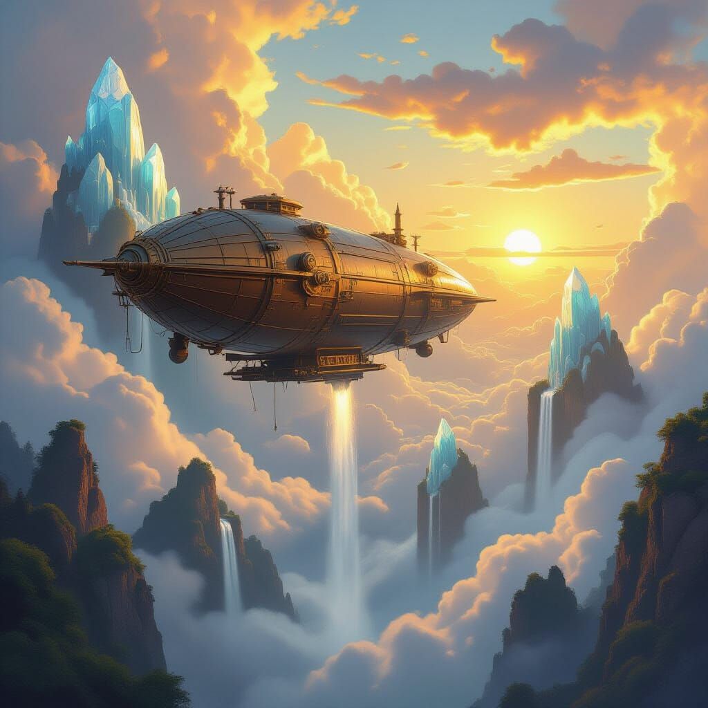 Steampunk Airship Drifts Through Crystalline Islands At Suns...