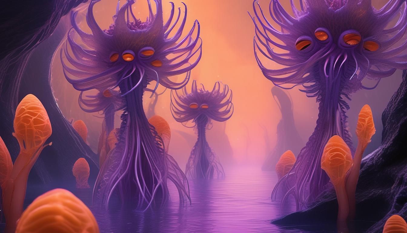 Alien Humanoids in Bioluminescent Landscape