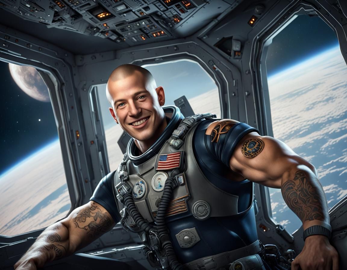 Handsome astronaut in the orbit over a blue planet