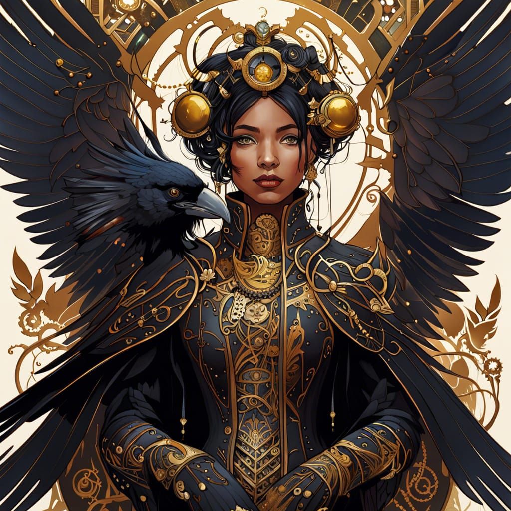 Steampunk Raven Princess with Golden Outlines