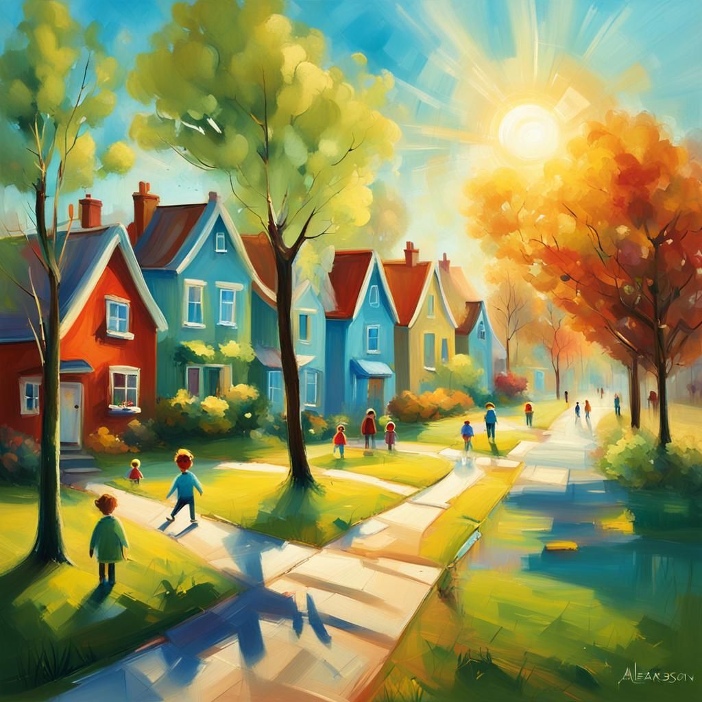 Idyllic Suburban Scene in Whimsical Style